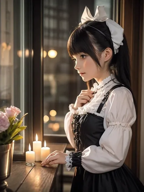 Night Cafe, girl, alone, Hime cut, Gothic & Lolita Fashion, Lolita Fashion, , head band, middle ages, European Castles, Different world, masterpiece,Warm Light, Romantic atmosphere, Candlelight, Cityscape seen through glass windows, TsugunagaMomoko