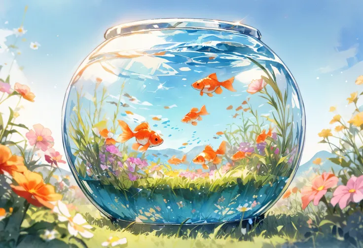 best quality, masterpiece, Horizontal composition、Several goldfish swimming in a large fishbowl、金魚鉢に美しい秋のblue skyとコスモスが映りこんでる、A goldfish bowl is placed on the grass in a cosmos field、blue sky、Watercolor