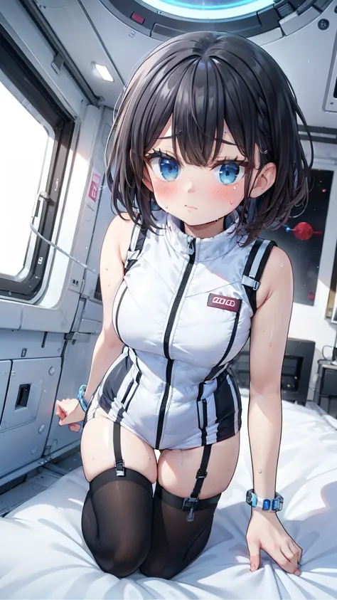(Best Quality), (masterpiece), 1080P, High resolution, 4K, 8k, Inside the space station、Futuristic room、Thigh straps, Shooting from directly below, The woman on top of me, 白いsweat, Covered , sweat, Woman looking down, Skirt swimsuit, Thigh-high socks, To a...