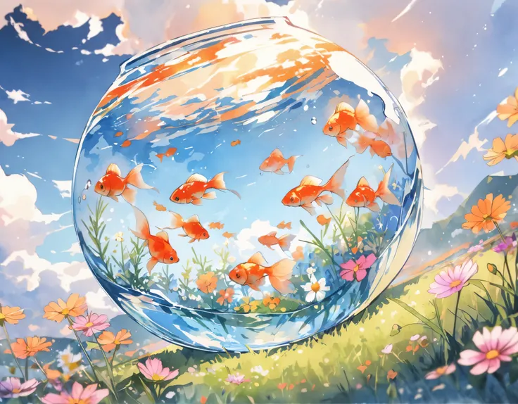 best quality, masterpiece, (low angle:1.3)、Several goldfish swimming in a large fishbowl、A beautiful autumn blue sky, clouds and cosmos are reflected in a goldfish bowl、A goldfish bowl is placed on the grass in a cosmos field、Watercolor