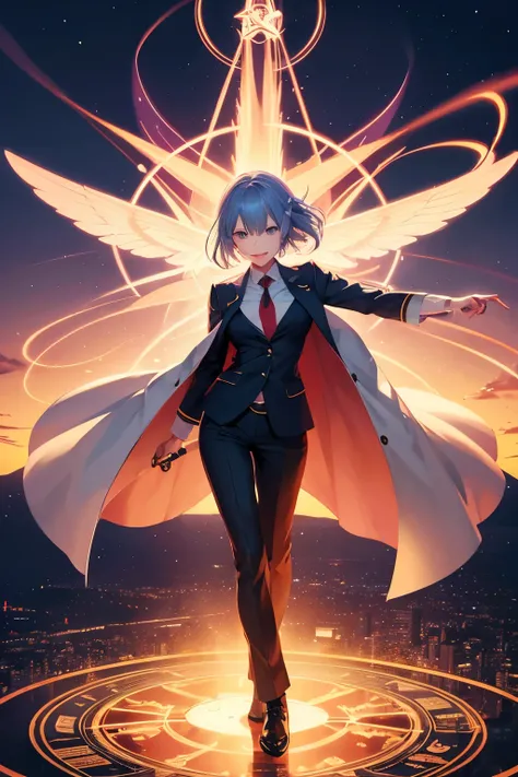 Anime girl in a suit standing on a pedestal holding a sword,Smiling girl、Magical、magic circle、 Concept art inspired by Shida Li,Wearing a suit、Wearing trousers、Big Eyes、Facing forward、Peeing while standing、Medium breast、 pixiv Contest Winner, The magic fli...