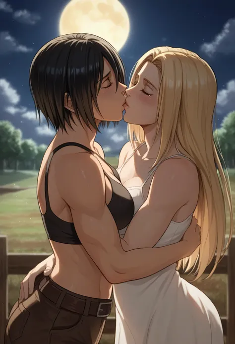 score_9, score_8_up, score_7_up, BREAK source_anime, historia reiss, blue eyes, blonde hair, long hair, medium breasts, long white dress sleeveless,female black hair soldier hugs historia,Mikasa with historia hugs,mikasa wreanig black sport bra and black c...