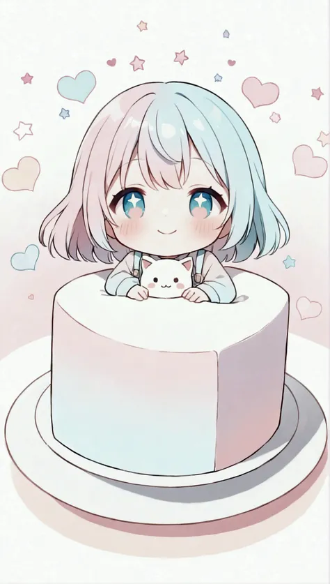 “Create a kawaii-style illustration with the main character being a smiling, cube-shaped dessert with a face, similar to annin tofu. The character has soft blushes on its cheeks and starry eyes. It is placed in the center of the image, sitting on a white, ...