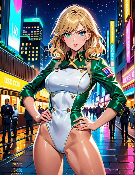 best quality, masterpiece, highres, 8k, solo, solo focus, 1lady, semi-realistic, dynamic heroic pose, standing straight, blonde hair, blue eyes, beautiful detailed eyes, beautiful detailed face, perfect hands, sexy us military officer, dressed in a green a...