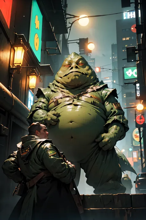 green monster, jabba the hutt, jabba, dark cyberpunk, city at night