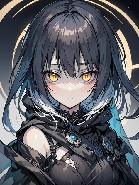 Single girl, dark gray hair, glowing yellow eyes, depressed face, sharp eyes, circles in eyes, dark clothing, collapsed church background , black halo on top her head, moonlight gaze, 