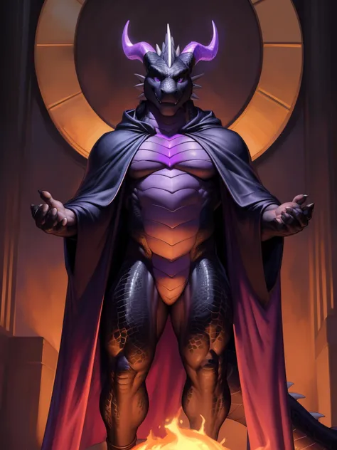 solo, anthro, furry, furry male, Dragon, ((spiny scales, scale, detailed scale)), (Black scales, Dragon print), black body, yellow abs, Purple chest, snout, Purple eyes, tail, dragon horns, transparent horns, purple glowing scales, purple glow detailed tee...