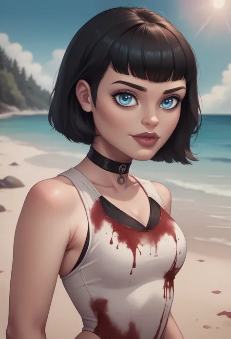 mavis dracula. solo. blue eyes. black hair. choker. swimsuit. grave. blood. beach (best quality, photorealistic, 1girl, solo, lo...