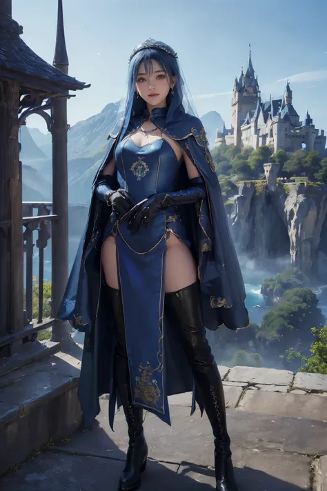 (Absurdly,high quality , Very detailed,32K,High image quality,Ultra HD)、One woman)、(((Shiny blue hair、Wear a blue veil)))、(((Female monk、Layered Cloak)))、(((Blue long-sleeved embroidered outfit with a V-shaped opening at the chest、necklace、Earrings)))、(((B...