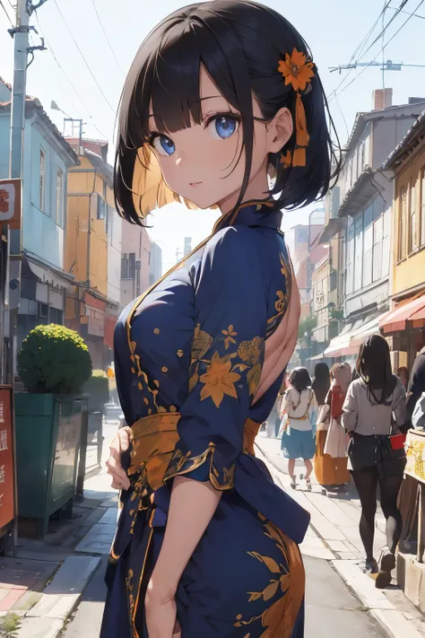 ((Top Quality)), ((Excellent)), (Details) ,((Taiwanese)),((Girl)), Black hair, (Young face),((Bob hair)), Shiny hair, ,Girl, Medium bust, Cowboy shot,((Blue eyes)), Masterpiece, ((Colorful mandarin gown)),((Mandarin gown is the national dress of China)),((...