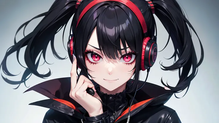 A girl with black hair, dressed in Halloween cosplay, is wearing headphones labeled "Lo-Fi." She gazes at the viewer with a mischievous, devilish expression. Her hair is meticulously detailed, and her outfit reflects careful attention to fashion. She has a...