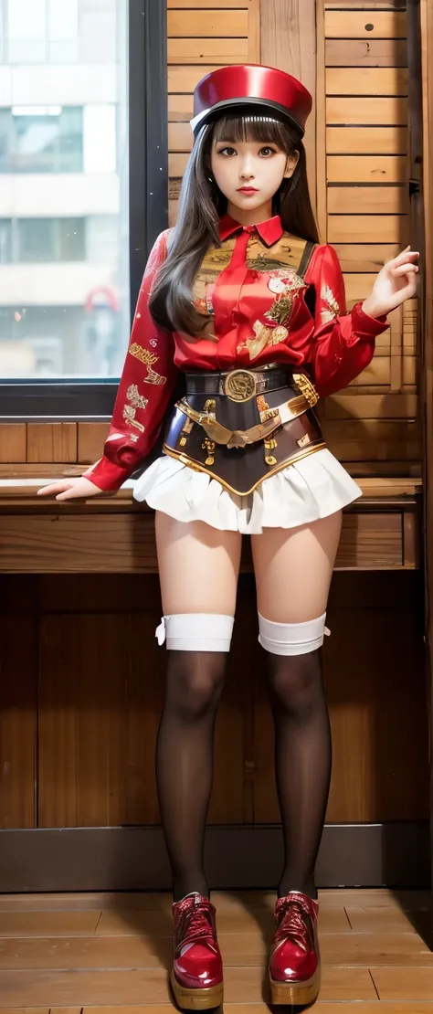 Gorgeous idol girl、whole body、Good style、、、、、、、、、、Thick legs、Steampunk Uniform（Shiny Red and Gold）、Tin Toy Print Shirt、A pure girl&#39;s face、、、、、、Glowing Toy、、Night Toy Box、