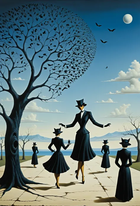 black robbed death dancing with tree black cats in a distance - surrealist style, surrealist artwrok, dream like, Salvador Dali style, Rene Magritte style, highly detailed, masterpiece, painting-like, HD