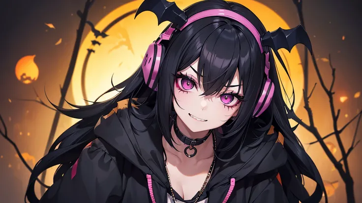 A girl with black hair, dressed in Halloween cosplay, is wearing headphones labeled "Lo-Fi." She gazes at the viewer with a mischievous, devilish expression. Her hair is meticulously detailed, and her outfit reflects careful attention to fashion. She has a...