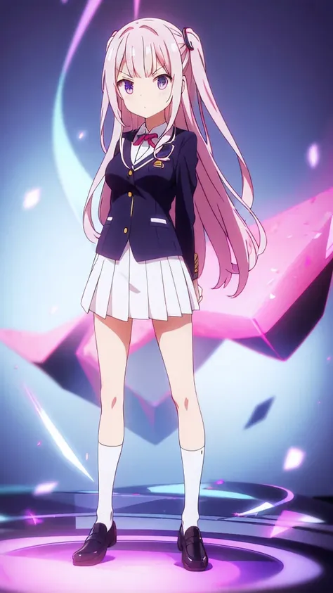 standing with arms folded behind back、a twin-tailed anime girl wearing a blazer uniform, white crew socks and black loafers