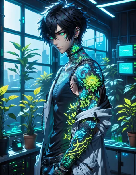 quality masterpiece, anime style, solo, male, skinny, muscular definition, black emo hair, ((green highlights in hair)), (scruffy short hair), green eyes, nose piercing, Ear piercing, Spiked Collar, long black painted nails, body covered in tattoos, black ...