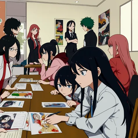 Group of Otakus at a table, in a room with several mangas, with 4 boys and 3 girls, with the girls with , all young Brazilians of more or less age, side view, 2D drawing style, with a business Mei scenario 