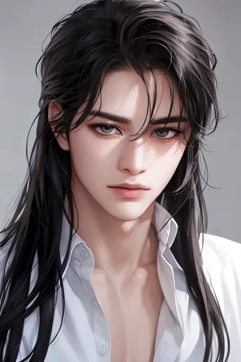 ((best quality)), ((masterpiece)), (detailed), beautiful manhwa male, perfect face, calm expression, soft expression, not fully smiling, (dark grey eyes), (grey eyes), photorealistic, detailed long hair, perfect lighting, (young), delicate, gentle, handsom...