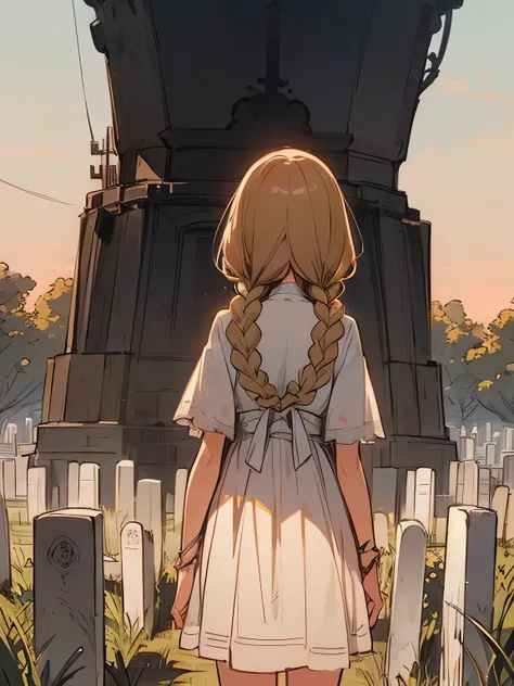 from behind,Alone,upperbody,goldbrown color hair,retro very short braids,mourning veil,mourning dress,Dawn sky、Morning Glow、Grave marker、On the Hill、(manga style),(sketch),(illustration),