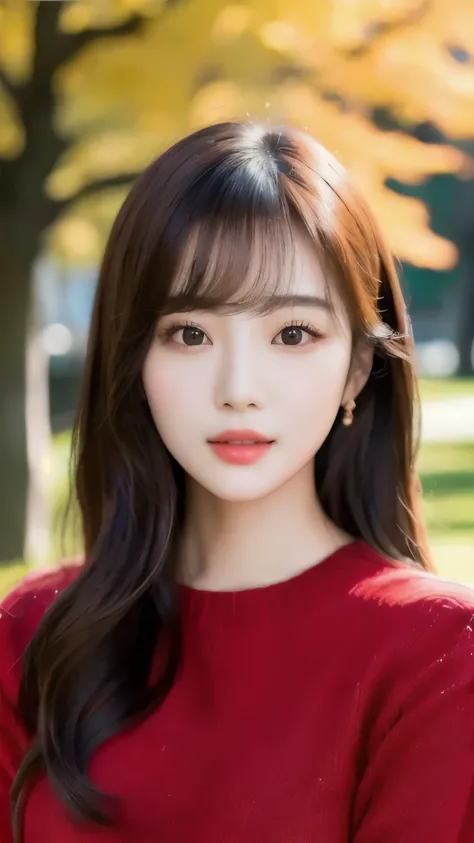 Beautiful Korean　A woman in a red sweater poses for a photo,  beautiful south Korean women, Popular Korean makeup, Popular Korean makeup, beautiful young Korean women, Korean Girls, gorgeous young Korean women, Ulzzang, Kim Do-young, Nam Jae-young, Korean ...