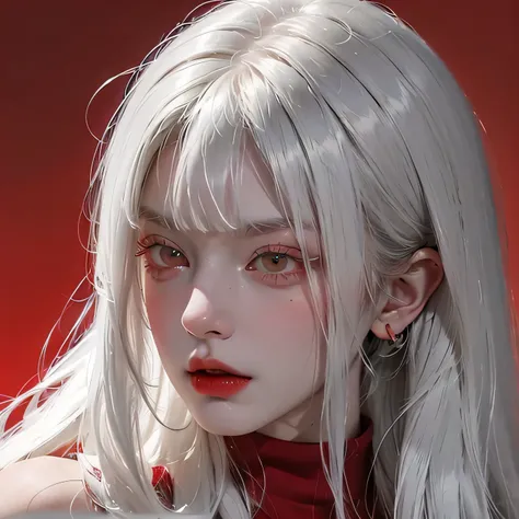 Analog style, RED eyes, white straight hair with straight bangs, red turtleneck , feminine, female, sexy, beautiful, BADASS, looks evil, cool, female fatale, ethereal , red background, Evil, menacingly , siren eyes, piercing eyes, intimidating , mature fac...
