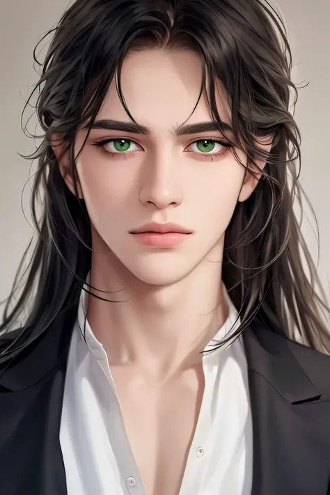 ((best quality)), ((masterpiece)), (detailed), beautiful manhwa male, perfect face, calm expression, soft expression, not fully smiling, (dark green eyes), (green eyes), photorealistic, detailed long hair, perfect lighting, (young), delicate, gentle, hands...