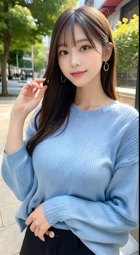 masutepiece, Best Quality, Photorealsitic, finely detail, hight resolution, 8K Wallpapers, Perfect dynamic composition, Beautiful detailed eyes, Medium Hair, poneyTail、Medium chest, Random and sexy poses,Bring your chest together、(Tight Blue Knitwear)、(Bre...