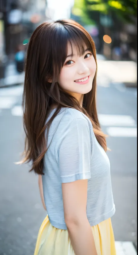 Top quality, 8k resolution, ultra detailed, 1 cute Japanese woman with medium-length hair, wearing a casual top, shy smile, standing on a city street in natural lighting, with soft key light for a natural, warm atmosphere.