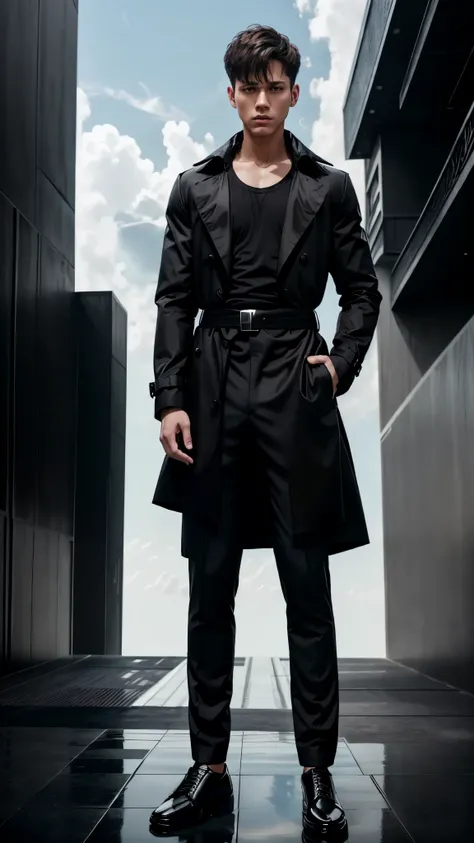 boys 2, Serious face, muscular, high cut short hair, wearing flowing black long trench coat, white round neck t-shirts, black pants, black formal shoes, ((hands behind back)), standing levitate on air, cloud, sky