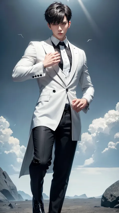 boys 2, Serious face, muscular, high cut short hair, wearing flowing black long trench coat, white round neck t-shirts, black pants, black formal shoes, ((hands behind back)), standing levitate on air, cloud, sky