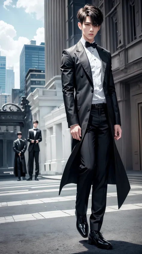 boys 2, Serious face, muscular, high cut short hair, wearing flowing black long trench coat, white round neck t-shirts, black pants, black formal shoes, ((hands behind back)), standing levitate on air, cloud, sky