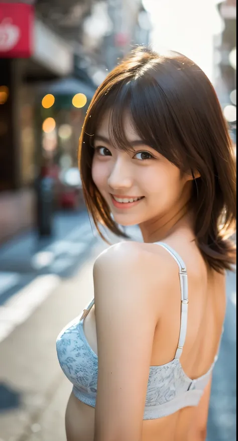 Top quality, 8k resolution, ultra detailed, 1 cute Japanese woman with medium-length hair, wearing a casual top, shy smile, standing on a city street in natural lighting with soft key light for a warm atmosphere. Additionally, an indoor scene with natural ...