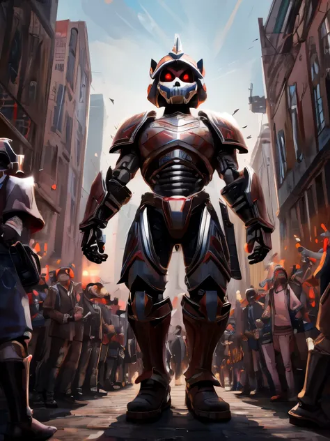 masterpiece,best quality,highres,cinematic lighting,dramatic angle,1boy,skeleton,skull,red glowing eyes,helmet,armor, giant in a miniscule city, crowd, ((full body))