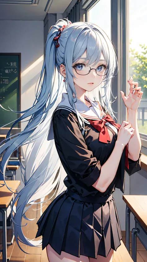 Create an anime-Style illuStration of a 1８-year-old girl named Shizuka. She haS long, Straight, blue hair with bangS cut Straight acroSS her forehead. She haS large, almond-Shaped Silver-blue eyeS and porcelain-like white Skin. Shizuka often wearS glaSSeS....