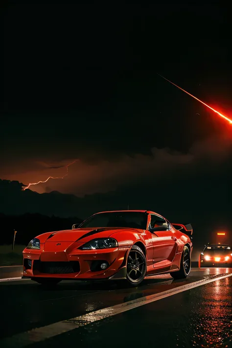 Toyota supra mk4 clásico negro, with red lines simulating fire and blood from a semi-frontal perspective on a large road, at night, Alone, with lightning striking all around him
