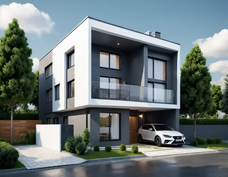 3d render of a modern house with area of 30 square meters, 10 meters long, 3 meters wide, 3 floors, gray white color