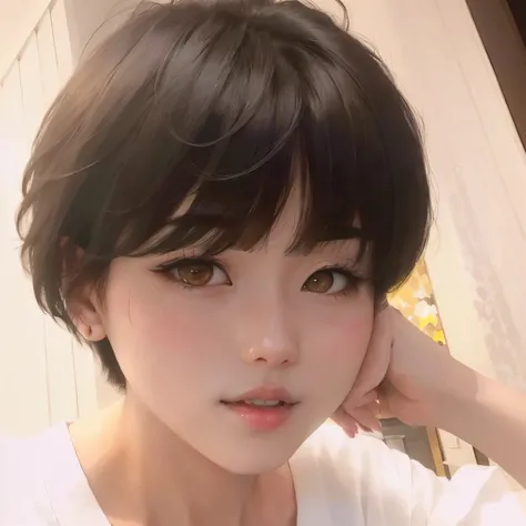 有一位留着Short hair、Lady in white shirt, Short hair, Chiho, Yoshitomo Nara, The motto is Teshirogi, Ji Qie, Short hair with bangs, White Ji haircut, 黑色齐肩Short hair, Shikami, Ayaka, Amano Ayami Kojima