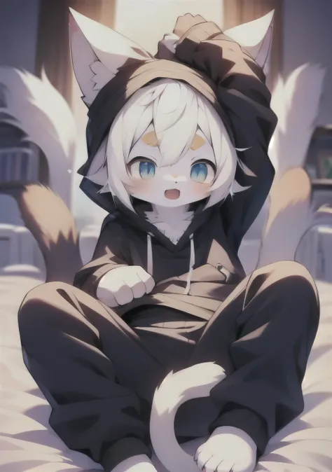 White kemono cat, haired, in a black hoodie, pfp