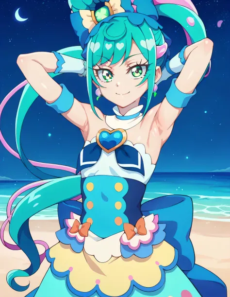 curespicy, shiny skin, high quality, small breast, solo, night sky, beach, arms behind head, {contrapposto}, closed mouth, spread armpits, cowboy shot, looking at viewer, smile, best quality,
