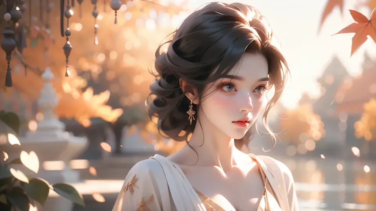 A woman walking alon, detailed face, 1 woman, beautiful eyes and lips, long eyelashes, elegant dress, cleavage, autumn morning light, soft lighting, serene atmosphere, ultra-detailed, realistic, photorealistic, photo-realistic, cinematic lighting, dramatic...