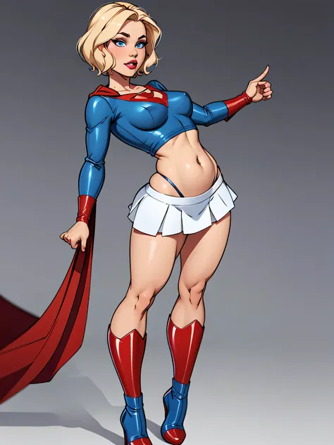 blonde with short hair, blue eyes, wearing a light blue long sleeved latex shirt showing her belly, wearing a short white skirt and a short red cape and red boots