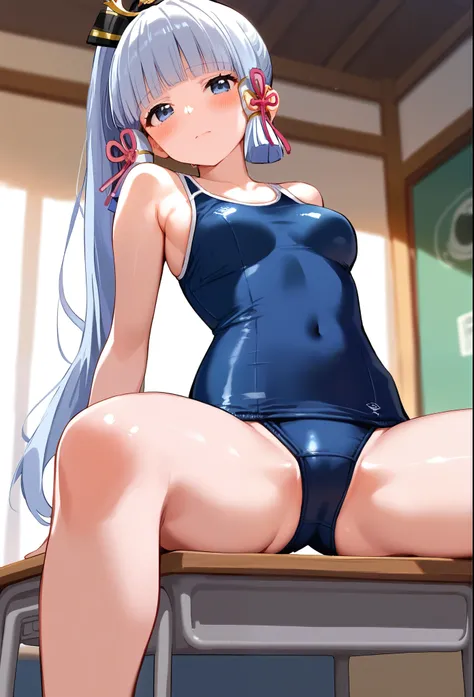 score_9, score_8_up, score_7_up, source_anime BREAK pinup of 1lady, anime illustration, anime style, sitting on desk, (ones legs spread:1.4), 1lady, solo, (sexy lady1.3), medium breast, kamisato_ayaka, school swimsuit, (half closed eyes:0.7), (blush:1.2), ...