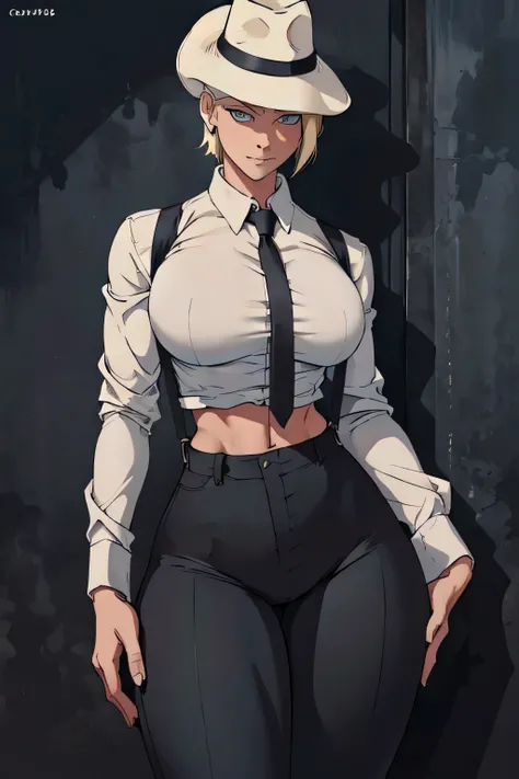 Girl with short blonde hair, blue eyes, wearing a white shirt, breasts, wearing black suspenders defined body, wearing black pants, defined waist, hips, collared shirt, wearing A black hat 