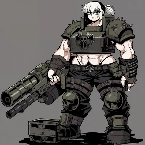 (zPDXL2), 1girl, score_9, score_8_up, score_7_up, source_anime, 2d, female character with a gun and a box, ogryn soldier girl, diesel punk female, heavy weapon, dieselpunk, metal slug concept art, post - apocalyptic scavenger, female lead character, female...