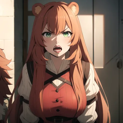  raphtalia. woman orange hair, light green eyes, bear ears,  painted lips, big breasts, angry , She is furiously yelling at the viewer, open mouth and red face.  burbuja de comic,  un pensamiento.