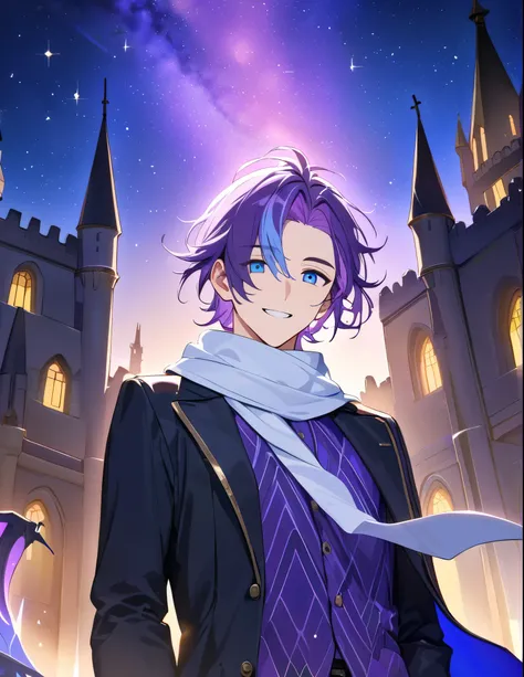 A picture of a young man (Solo) ((1boy)) purple ash hair( light blue streaked hair)(messy hair)), blue eye, handsome((kind face)) , gentle smile, clear face,(masculine)(manly)​

Outfit: White scarf, Black coat((puple-blue gradient patterns)), purple shirt,...