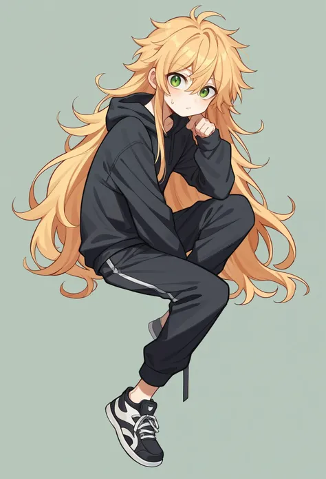 Cute man,Long loose hair,cute boy ,long hair,Shota, anime,Jaden is a young boy with a slim and slender body.., 1,75 tall, green eyes, pale skin. He wears a cute long-sleeved shirt with a high collar., a black sweatshirt over a shirt, black sweatpants and b...