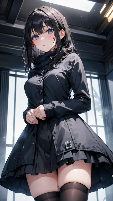 8k resolution,((Best Quality)),Ultra-high resolution,Adult women, Alone, sexy, (Expressionless), (Black eyes), A beautiful, symmetrical face, (Black curly medium length hair),Blue winter jacket,White thick sweater,muffler,skirt,Black full leg stockings,Rea...