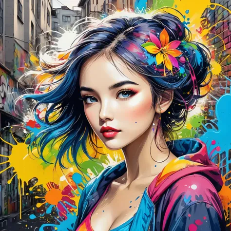 masterpiece, arte splash, rich and colorful, rich and colorful arte splash, to tear down、Paint spread painting, magical, Stylized abstract portrait of a beautiful girl，Street graffiti