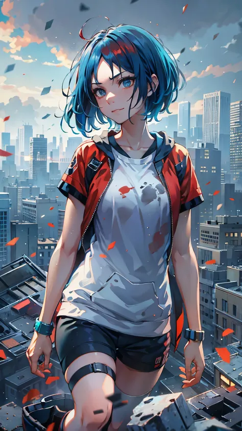 a girl with short hair, blue and red hair, slender body, wearing jersey, sports style, socks and sneakers, floating in the air, psychic battle with a psychopath, debris and collapsing city in the background, rage expression with a slight smile, photorealis...